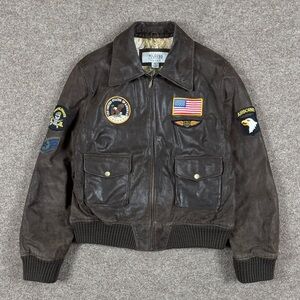 Vintage Wilsons Leather Brown Aviator Flight Bomber Jacket USA Patches Womens XL